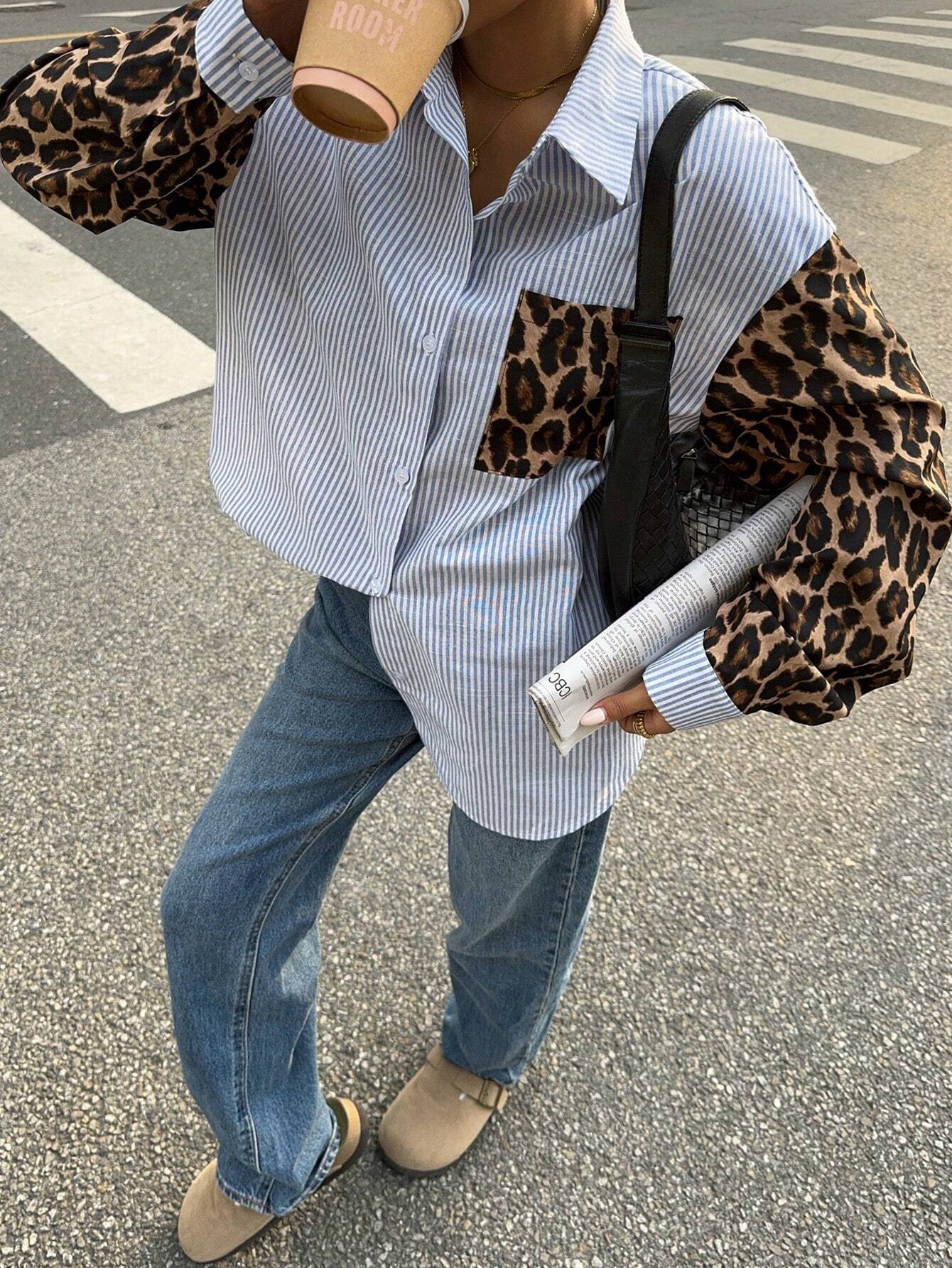 Siren Gaze Vrouwen Luipaard Patchwork Gestreepte Lange Mouw Casual Blouse, Retro Vrouwen Blouses, Herfst Vrouwen Jurken, Vrouwen Overhemden, Formele Vrouwen Jurken, Street Style Overhemden, Luipaard Overhemden