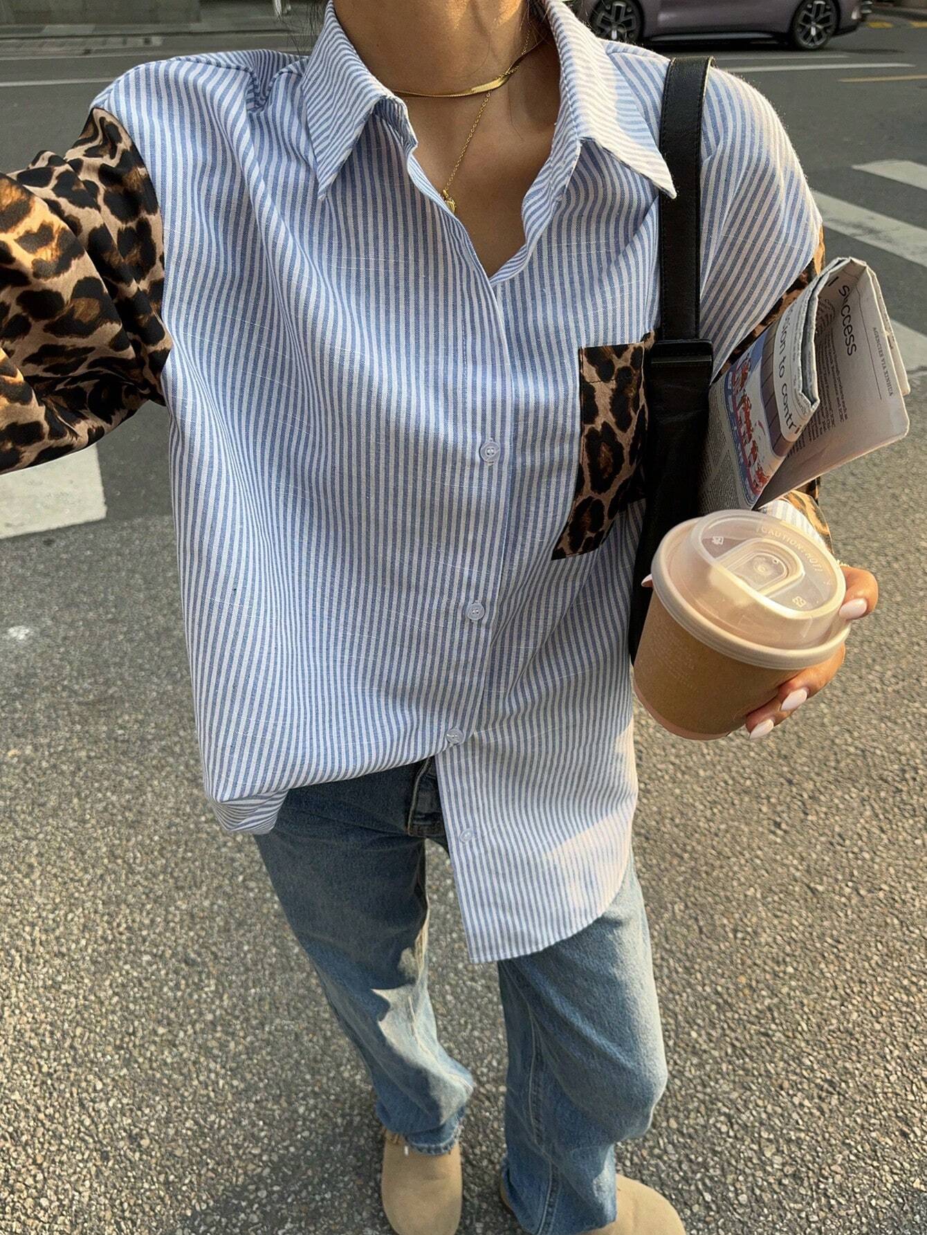 Siren Gaze Vrouwen Luipaard Patchwork Gestreepte Lange Mouw Casual Blouse, Retro Vrouwen Blouses, Herfst Vrouwen Jurken, Vrouwen Overhemden, Formele Vrouwen Jurken, Street Style Overhemden, Luipaard Overhemden