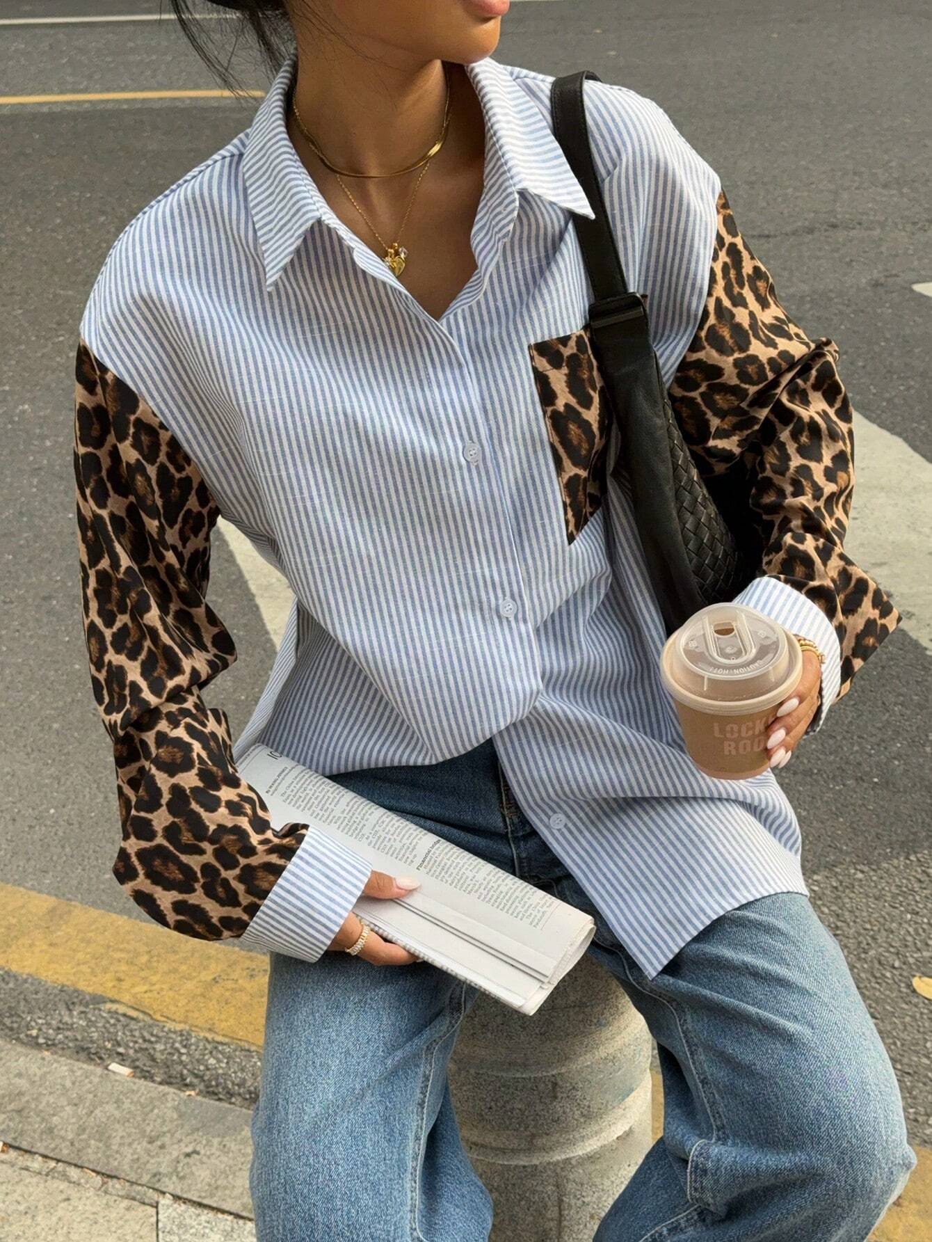 Siren Gaze Vrouwen Luipaard Patchwork Gestreepte Lange Mouw Casual Blouse, Retro Vrouwen Blouses, Herfst Vrouwen Jurken, Vrouwen Overhemden, Formele Vrouwen Jurken, Street Style Overhemden, Luipaard Overhemden
