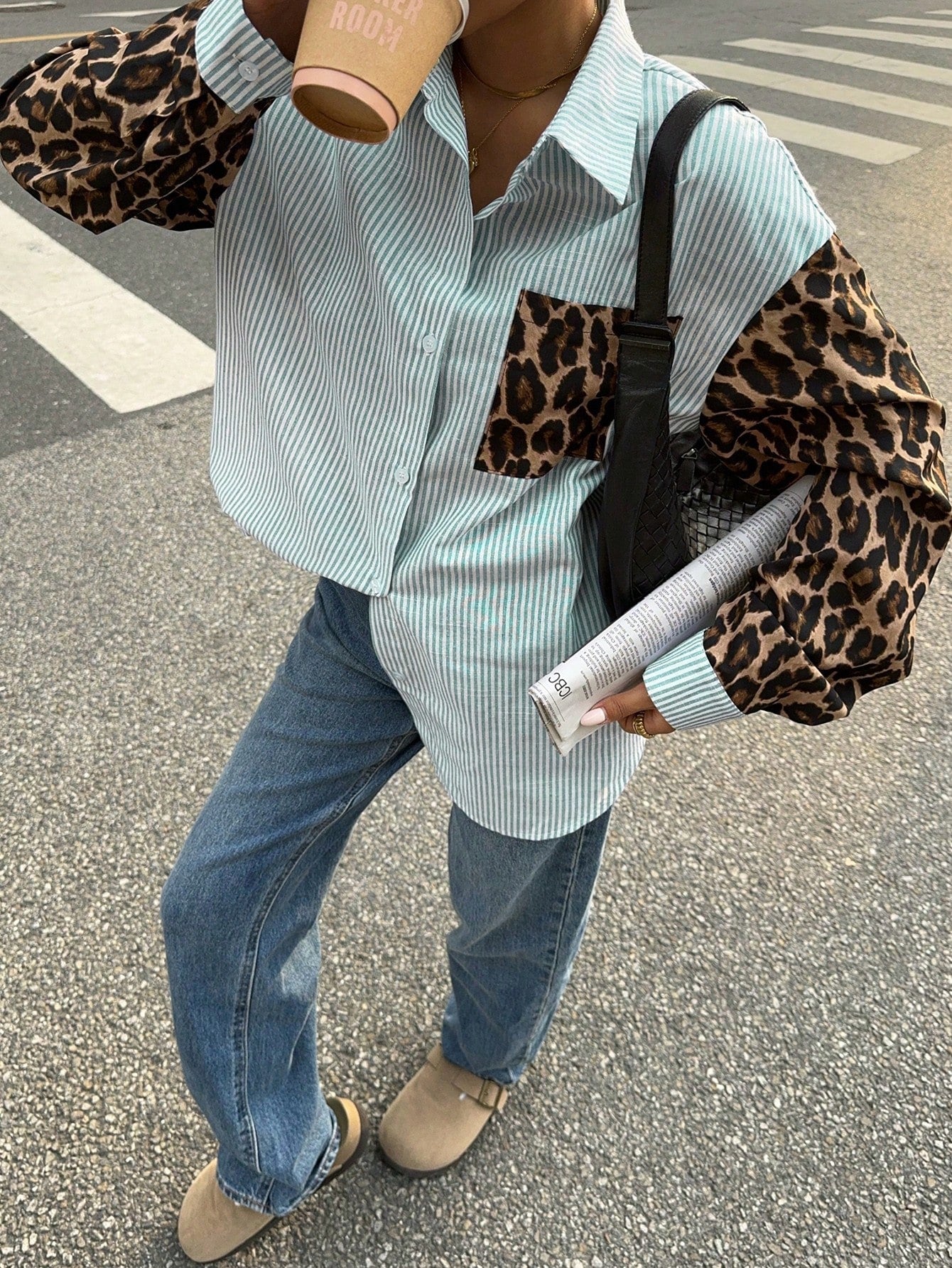 Siren Gaze Vrouwen Luipaard Patchwork Gestreepte Lange Mouw Casual Blouse, Retro Vrouwen Blouses, Herfst Vrouwen Jurken, Vrouwen Overhemden, Formele Vrouwen Jurken, Street Style Overhemden, Luipaard Overhemden