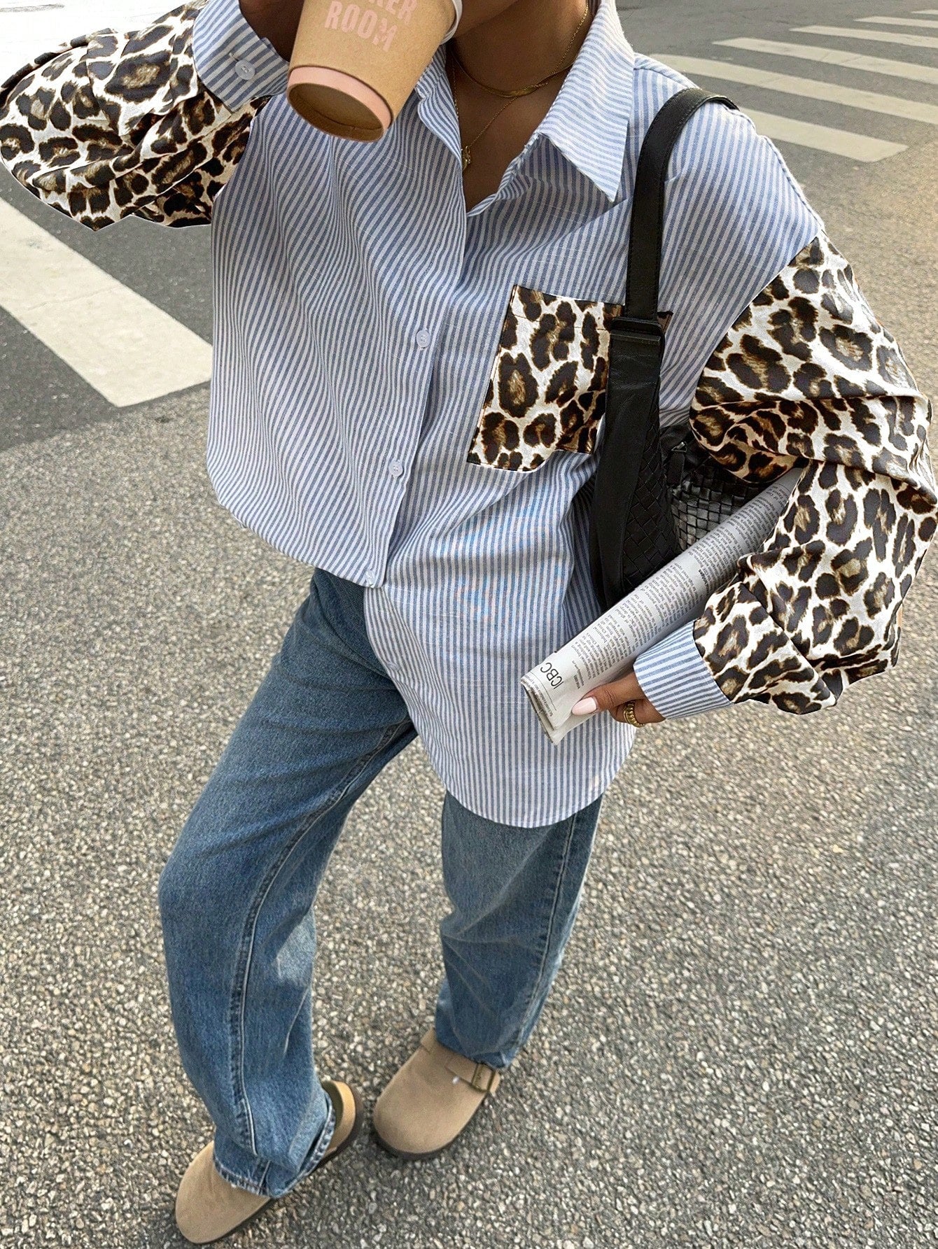 Siren Gaze Vrouwen Luipaard Patchwork Gestreepte Lange Mouw Casual Blouse, Retro Vrouwen Blouses, Herfst Vrouwen Jurken, Vrouwen Overhemden, Formele Vrouwen Jurken, Street Style Overhemden, Luipaard Overhemden
