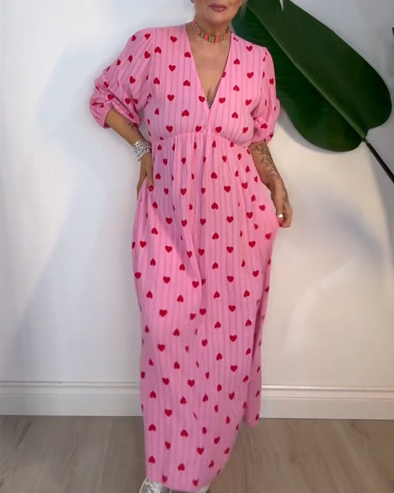 Elegant V-Neck Heart Print Dress