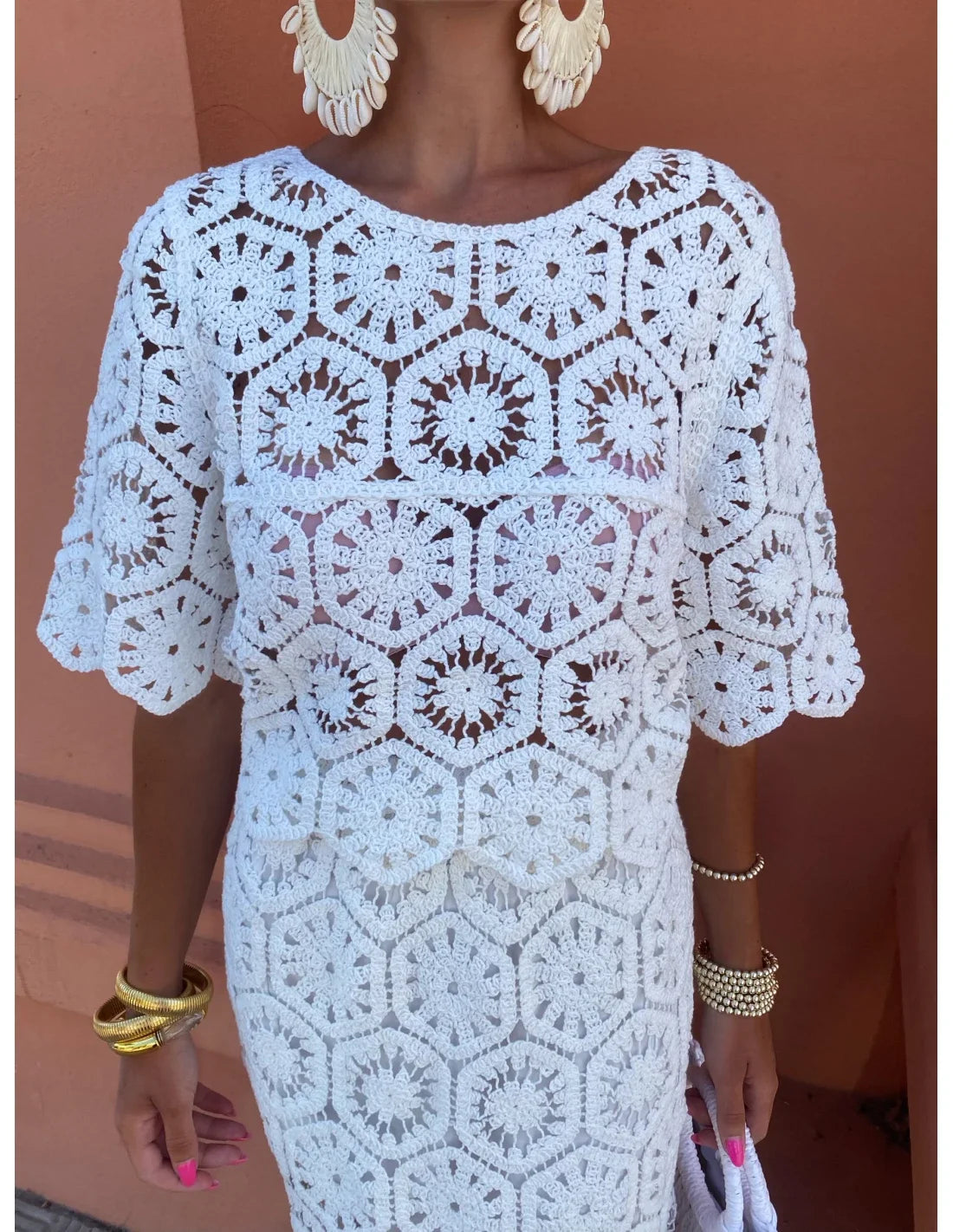 Elegant White Crochet Hollow Out Skirt and top Two Piece Set Chic Half Sleeve