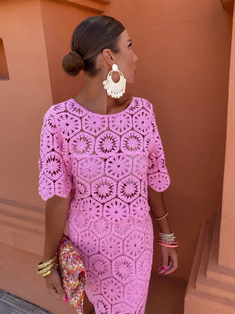 Elegant White Crochet Hollow Out Skirt and top Two Piece Set Chic Half Sleeve
