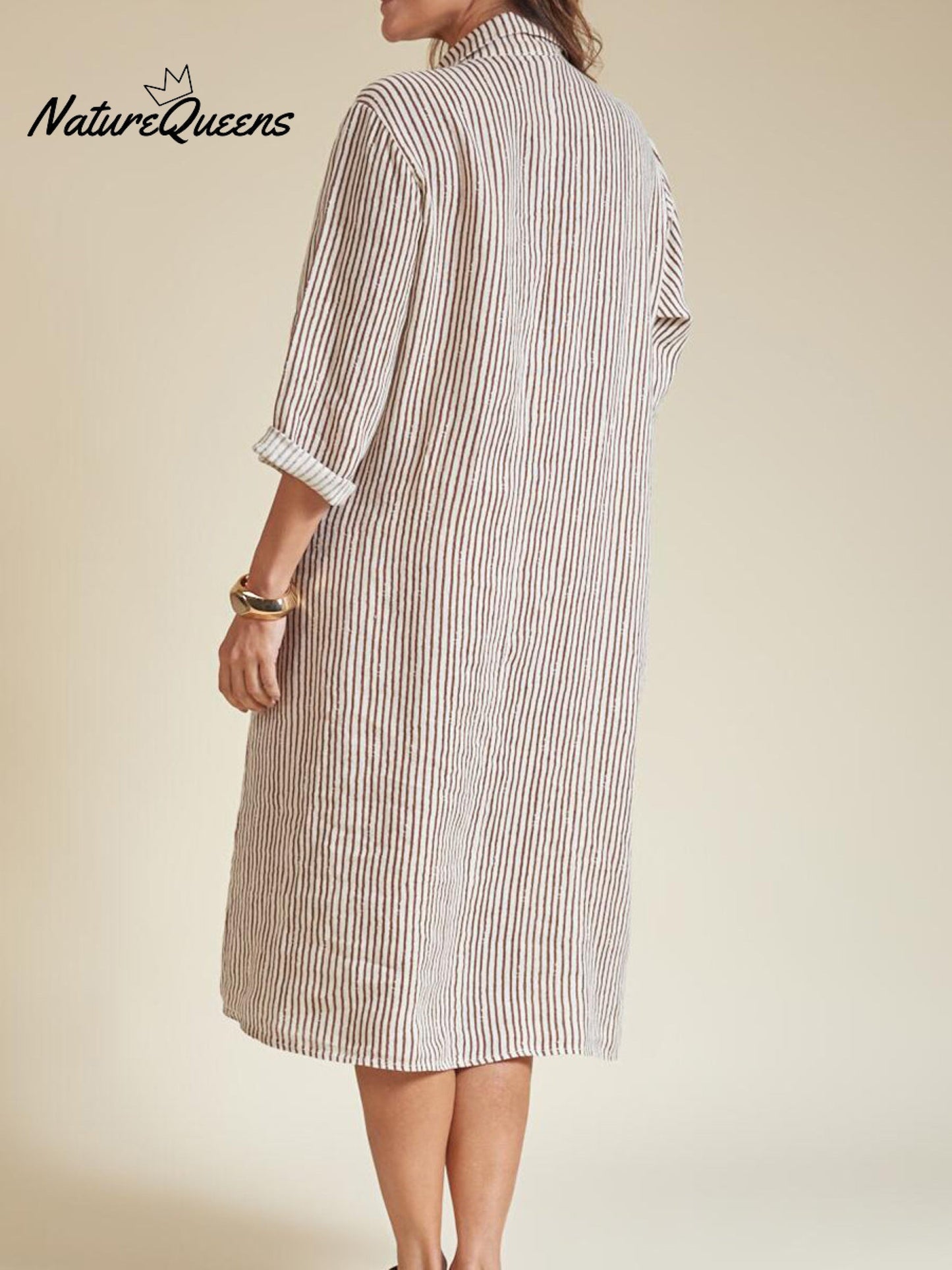 Women's Casual Striped Cotton and Linen Shirt Dress