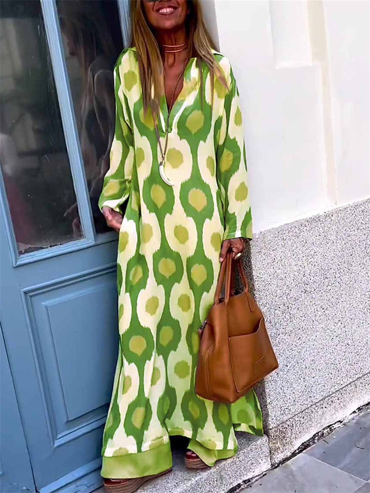 Long Sleeves Loose Printed V-Neck Maxi Dresses