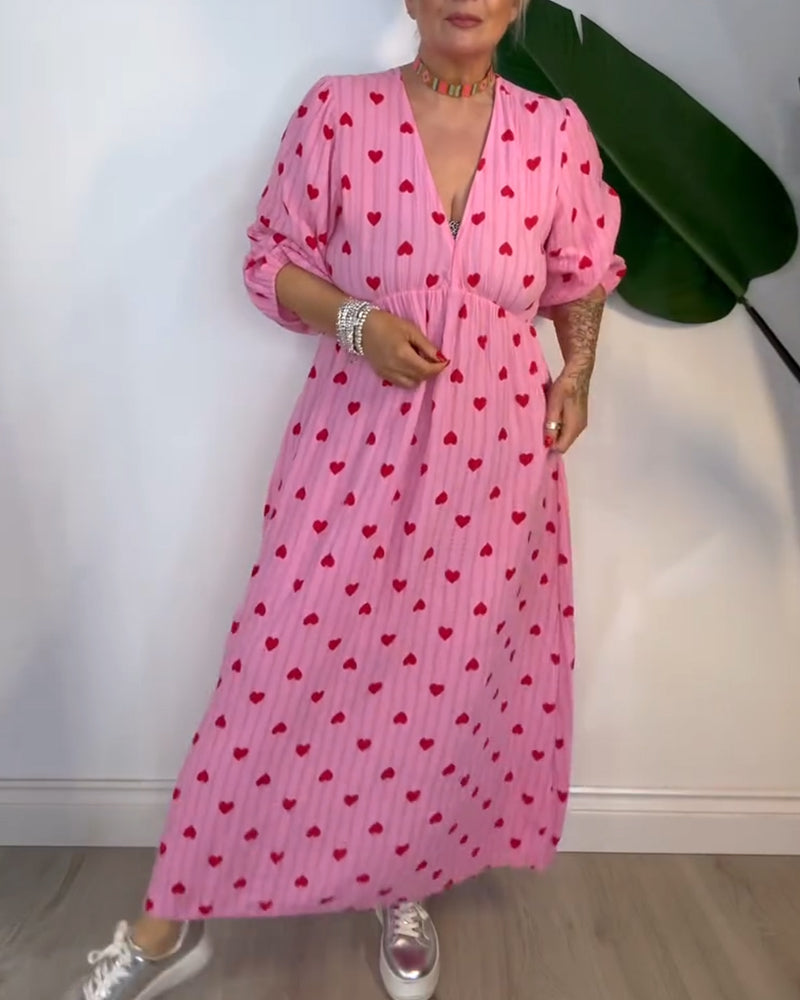 Elegant V-Neck Heart Print Dress