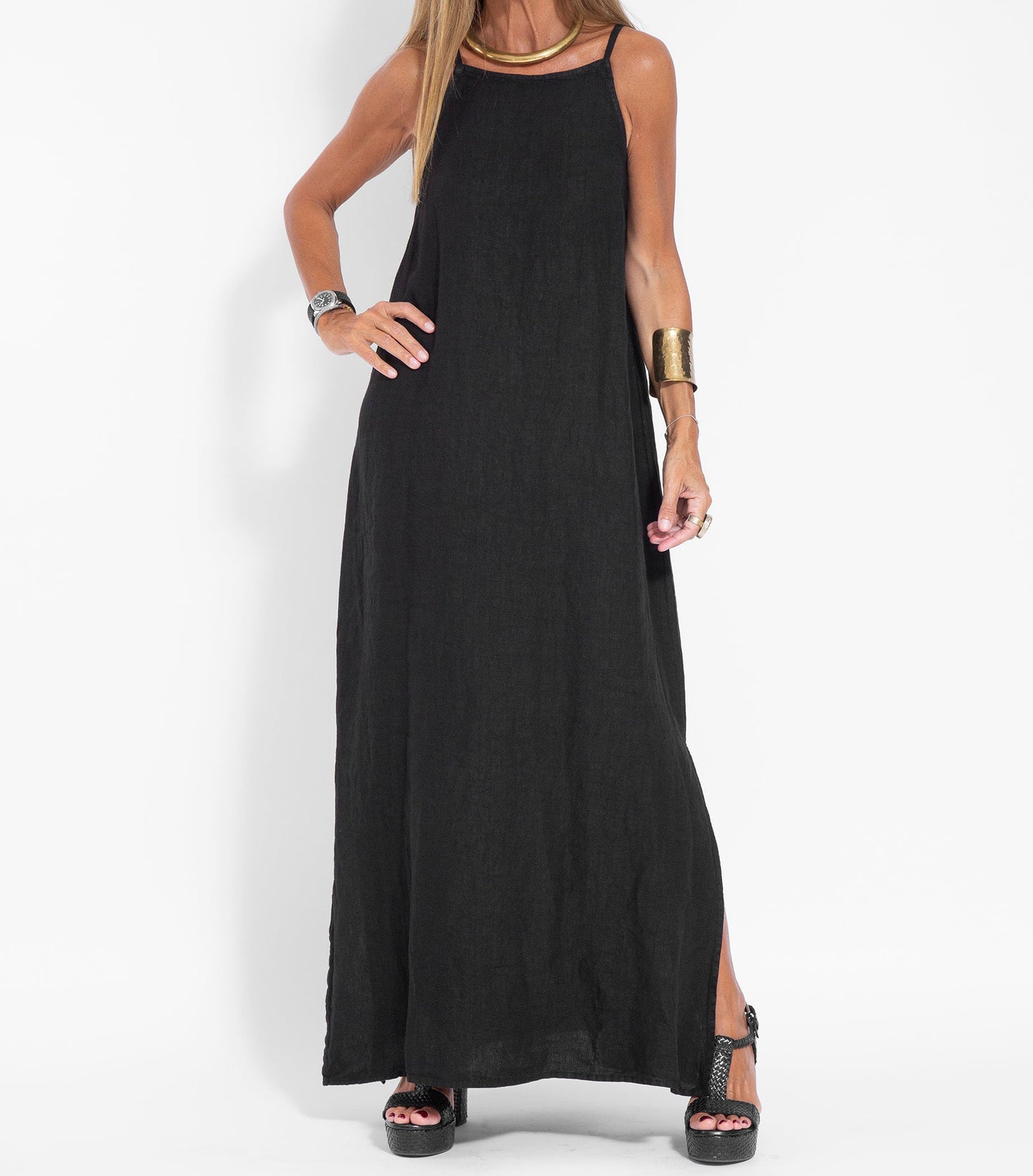 Elegant Solid Color Cotton Linen Sleeveless Long Dress