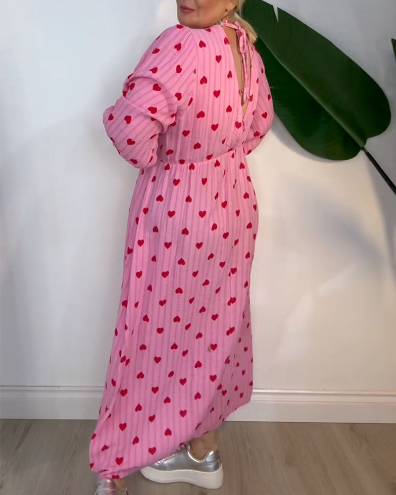 Elegant V-Neck Heart Print Dress