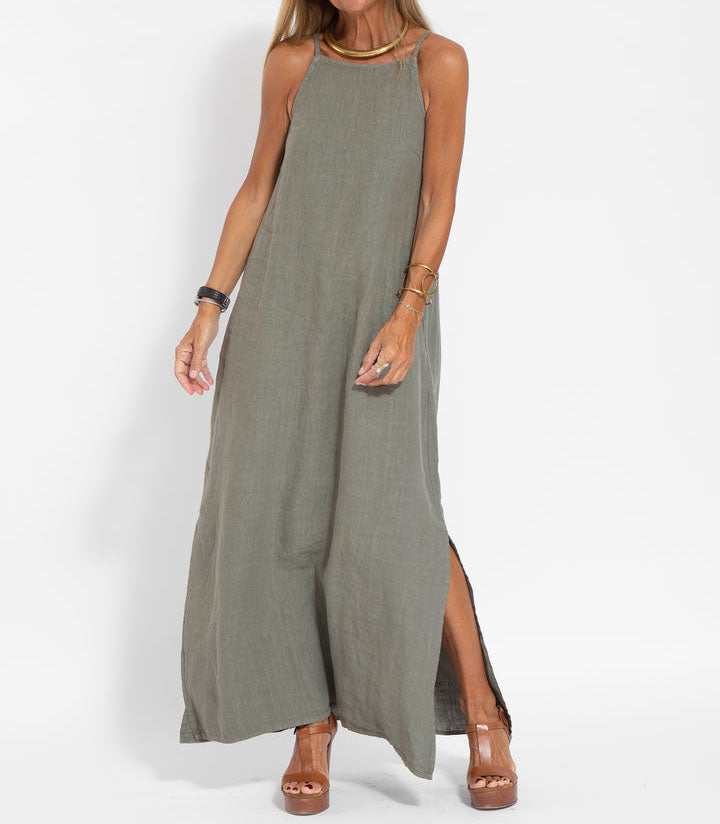 Elegant Solid Color Cotton Linen Sleeveless Long Dress