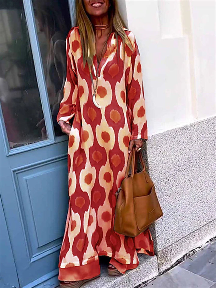 Long Sleeves Loose Printed V-Neck Maxi Dresses
