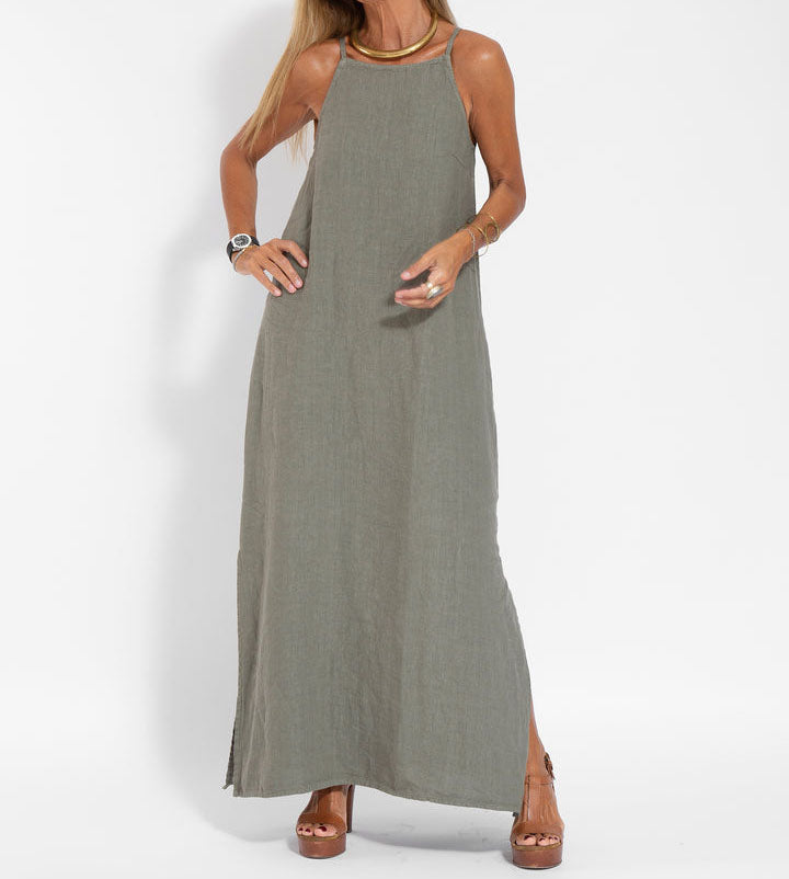 Elegant Solid Color Cotton Linen Sleeveless Long Dress