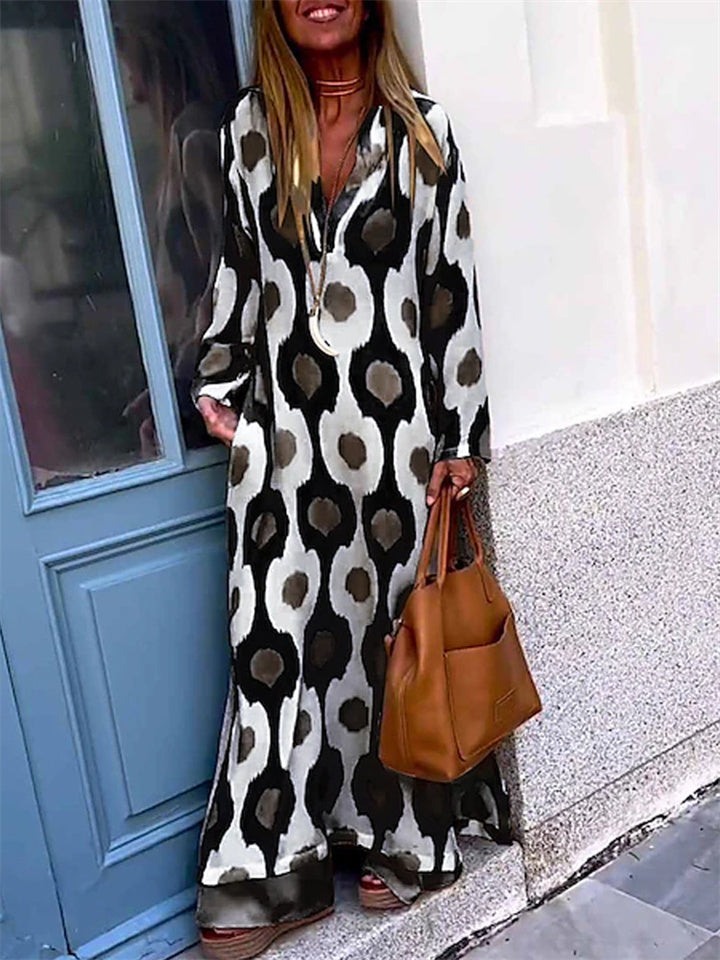 Long Sleeves Loose Printed V-Neck Maxi Dresses
