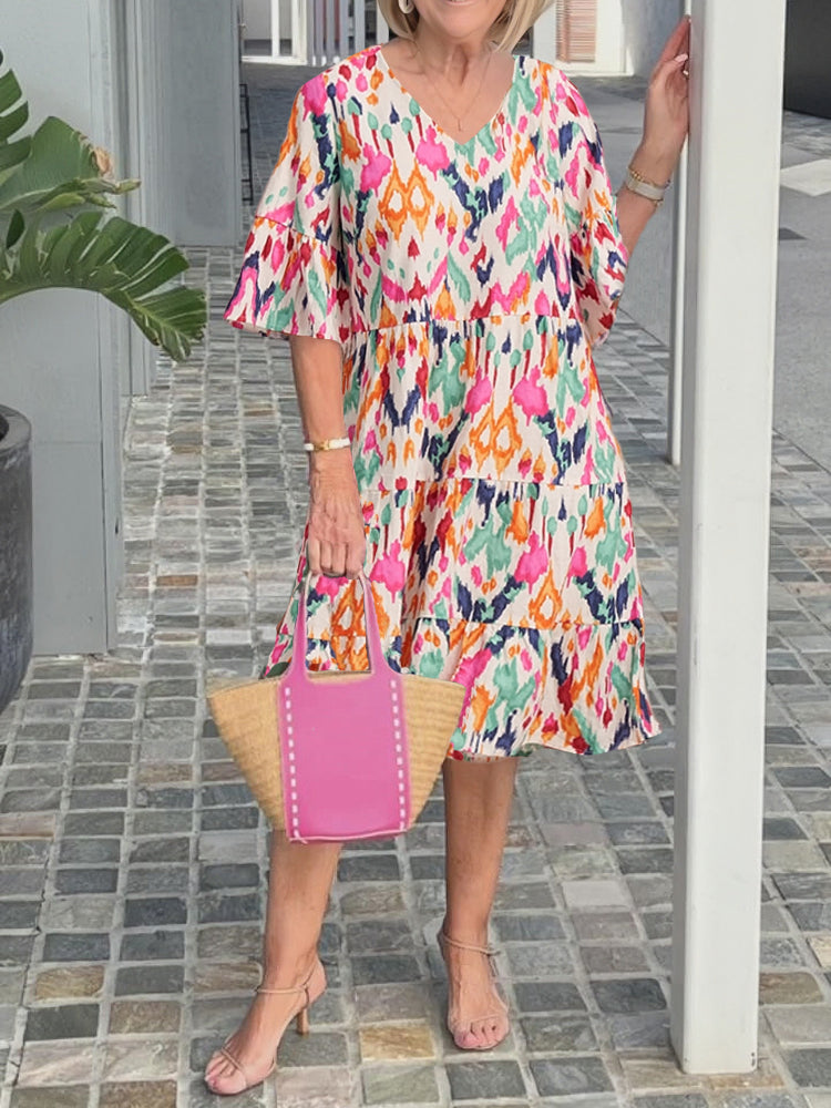 Chic Bell Sleeve V-neck Tunic Dress with Elegant Prints