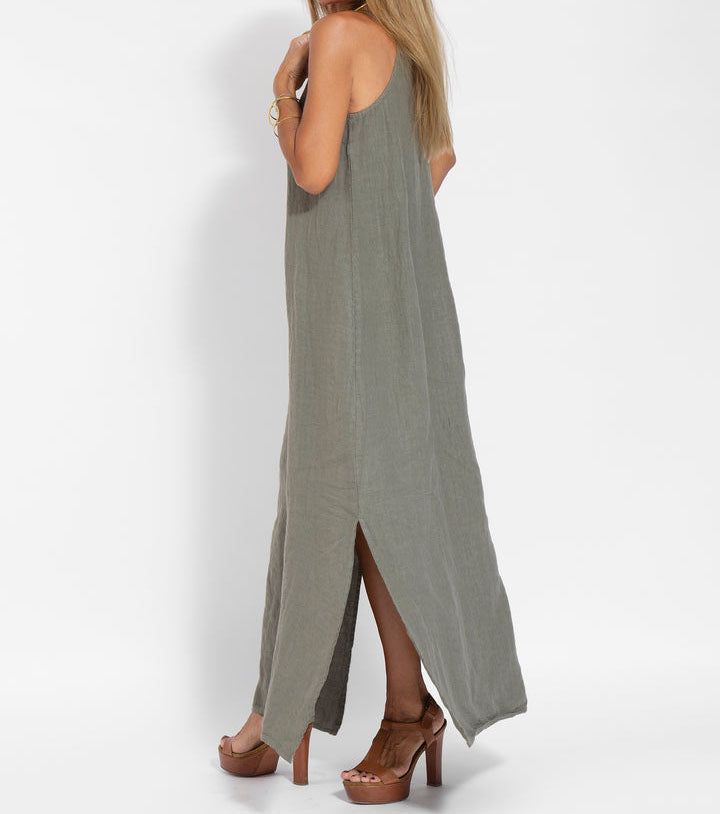 Elegant Solid Color Cotton Linen Sleeveless Long Dress