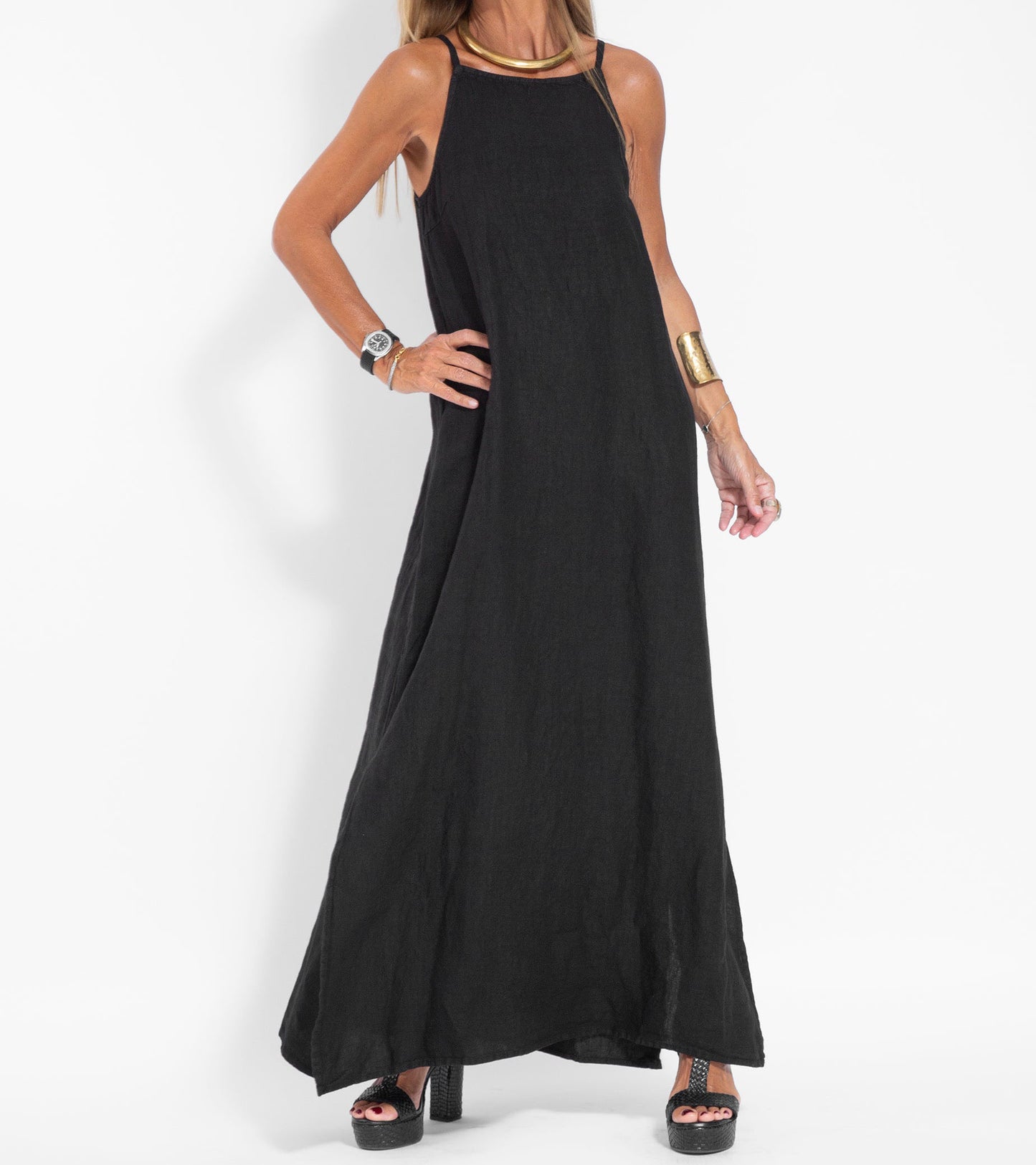 Elegant Solid Color Cotton Linen Sleeveless Long Dress