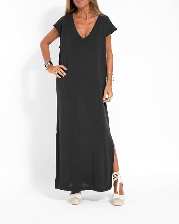 Women Casual Round Neck Short Sleeve Loose Long Dress