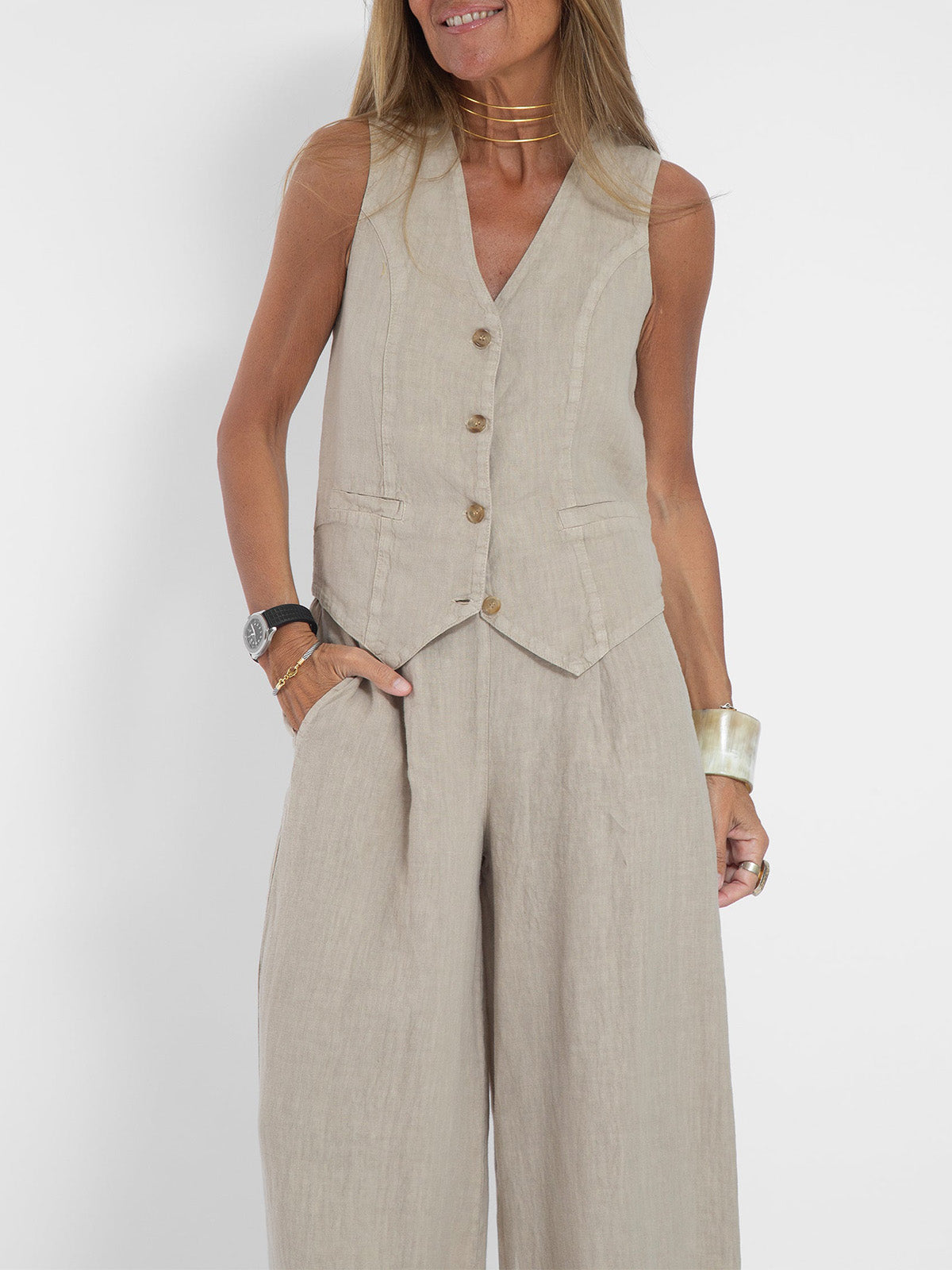 Women Casual Cotton Linen Waistcoat Two Set Suits