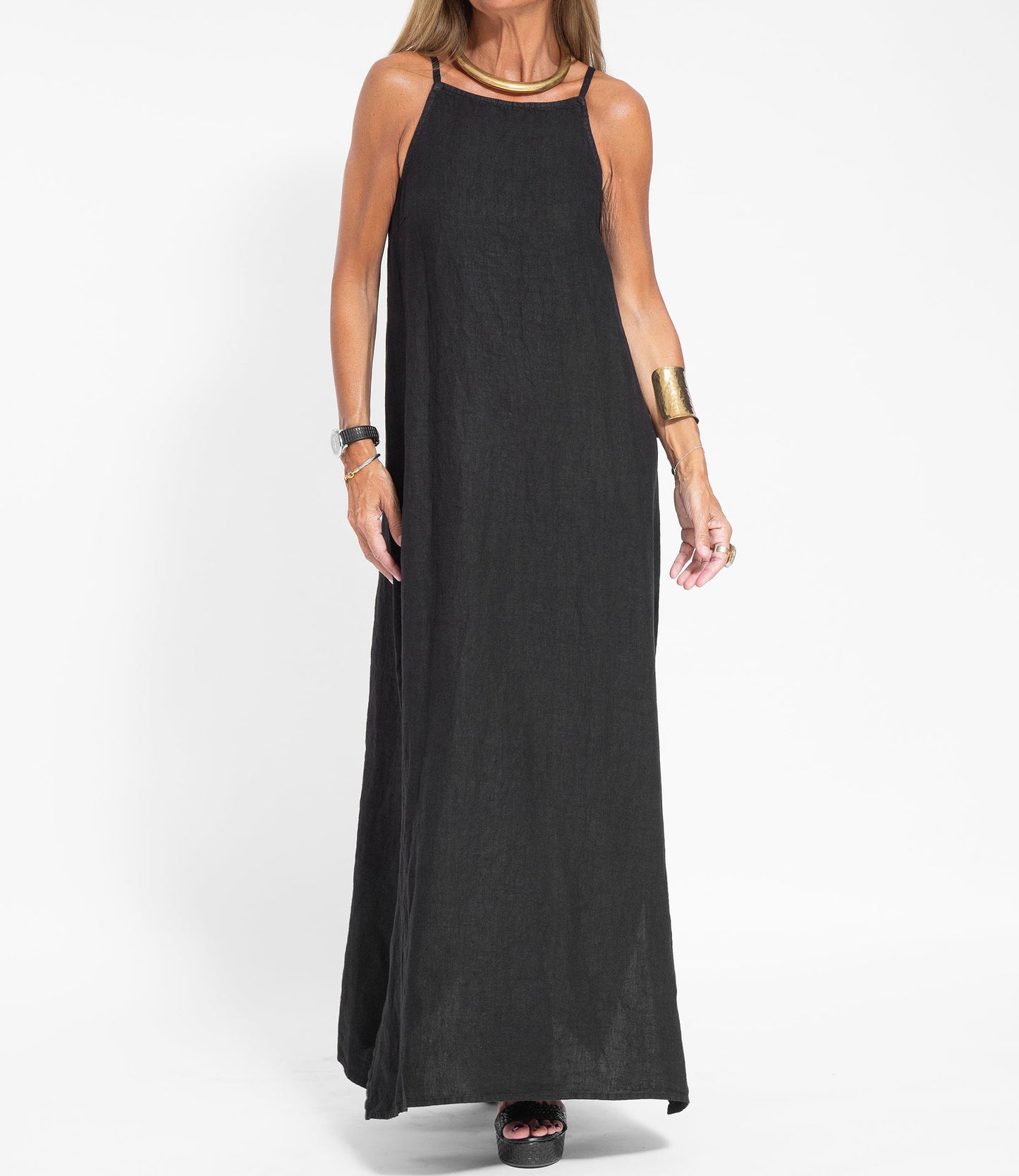 Elegant Solid Color Cotton Linen Sleeveless Long Dress
