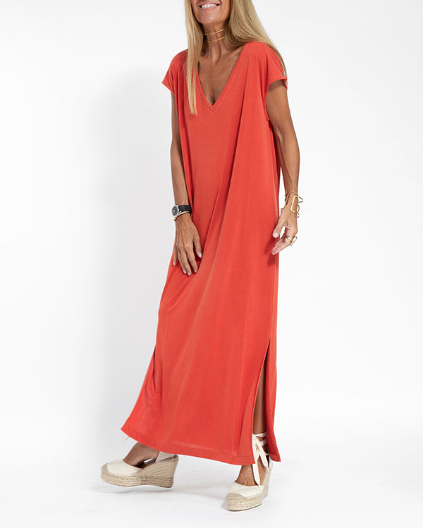 Women Casual Round Neck Short Sleeve Loose Long Dress
