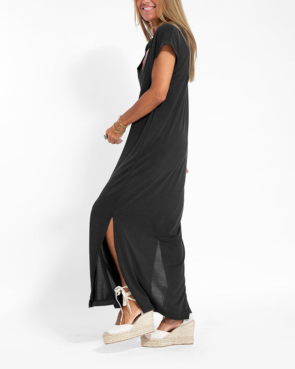 Women Casual Round Neck Short Sleeve Loose Long Dress