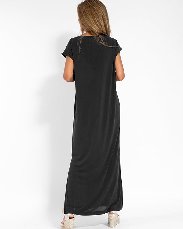 Women Casual Round Neck Short Sleeve Loose Long Dress