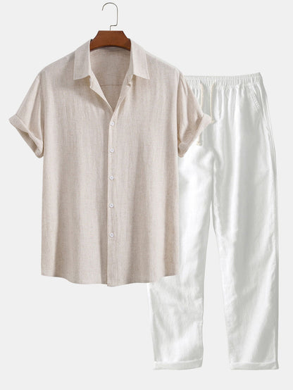 Linen Rayon Blend Button Up Shirt & Straight Leg Linen Pants