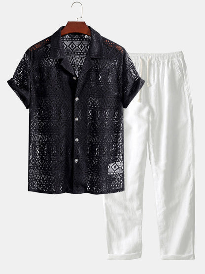 Short Sleeve Geometry Textured Cuban Shirt & Straight Leg Linen Pants