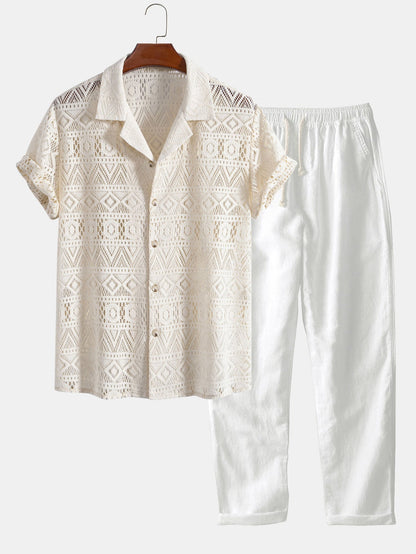 Short Sleeve Geometry Textured Cuban Shirt & Straight Leg Linen Pants