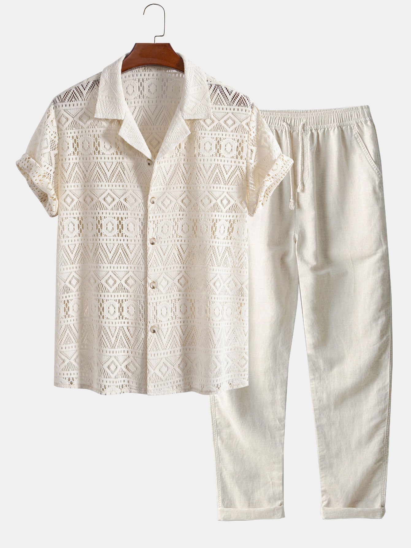 Short Sleeve Geometry Textured Cuban Shirt & Straight Leg Linen Pants