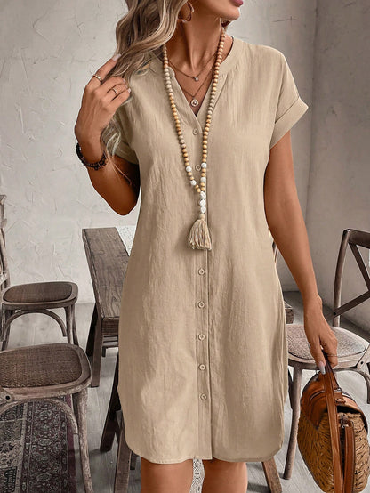 Button Front Short Sleeve Casual Mini Dress