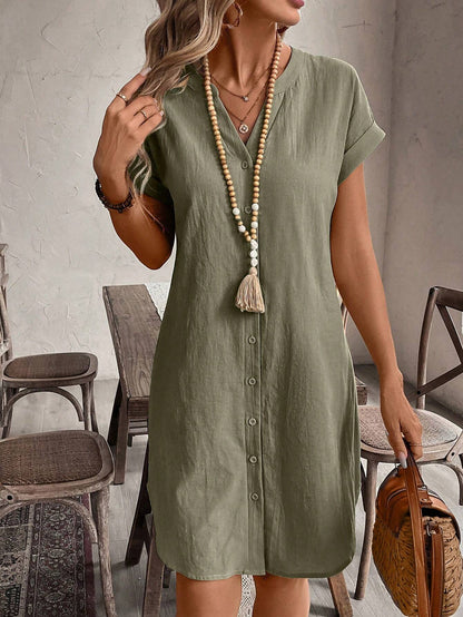 Button Front Short Sleeve Casual Mini Dress