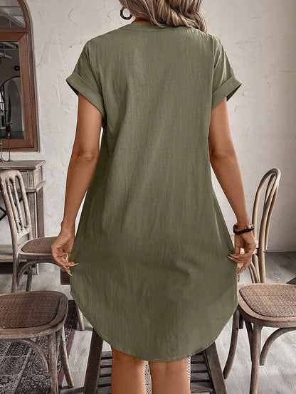 Button Front Short Sleeve Casual Mini Dress