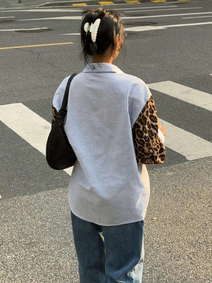 Siren Gaze Vrouwen Luipaard Patchwork Gestreepte Lange Mouw Casual Blouse, Retro Vrouwen Blouses, Herfst Vrouwen Jurken, Vrouwen Overhemden, Formele Vrouwen Jurken, Street Style Overhemden, Luipaard Overhemden