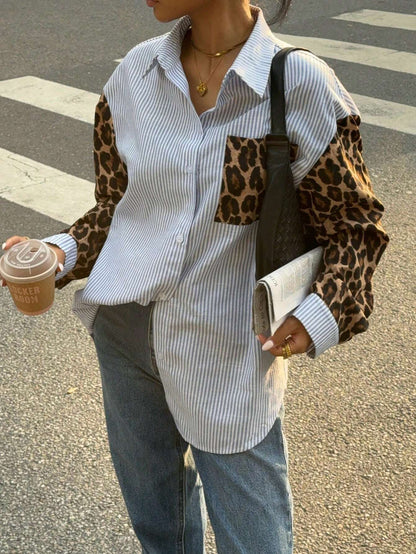 Siren Gaze Vrouwen Luipaard Patchwork Gestreepte Lange Mouw Casual Blouse, Retro Vrouwen Blouses, Herfst Vrouwen Jurken, Vrouwen Overhemden, Formele Vrouwen Jurken, Street Style Overhemden, Luipaard Overhemden