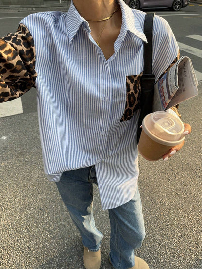 Siren Gaze Vrouwen Luipaard Patchwork Gestreepte Lange Mouw Casual Blouse, Retro Vrouwen Blouses, Herfst Vrouwen Jurken, Vrouwen Overhemden, Formele Vrouwen Jurken, Street Style Overhemden, Luipaard Overhemden