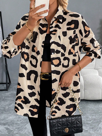 Leopard Print Drop Shoulder Long Sleeve Casual Blouse
