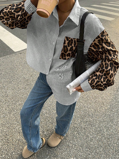 Siren Gaze Vrouwen Luipaard Patchwork Gestreepte Lange Mouw Casual Blouse, Retro Vrouwen Blouses, Herfst Vrouwen Jurken, Vrouwen Overhemden, Formele Vrouwen Jurken, Street Style Overhemden, Luipaard Overhemden