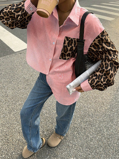 Siren Gaze Vrouwen Luipaard Patchwork Gestreepte Lange Mouw Casual Blouse, Retro Vrouwen Blouses, Herfst Vrouwen Jurken, Vrouwen Overhemden, Formele Vrouwen Jurken, Street Style Overhemden, Luipaard Overhemden