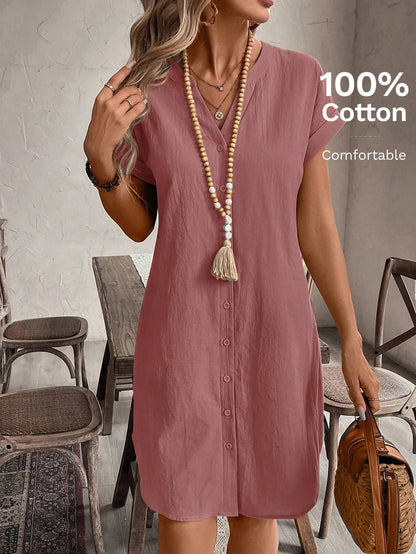 Button Front Short Sleeve Casual Mini Dress