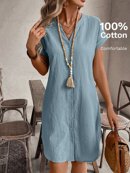 Button Front Short Sleeve Casual Mini Dress