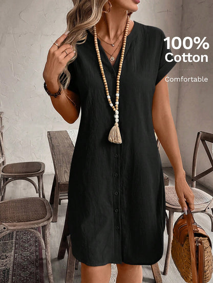 Button Front Short Sleeve Casual Mini Dress