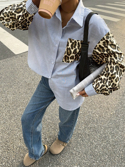 Siren Gaze Vrouwen Luipaard Patchwork Gestreepte Lange Mouw Casual Blouse, Retro Vrouwen Blouses, Herfst Vrouwen Jurken, Vrouwen Overhemden, Formele Vrouwen Jurken, Street Style Overhemden, Luipaard Overhemden