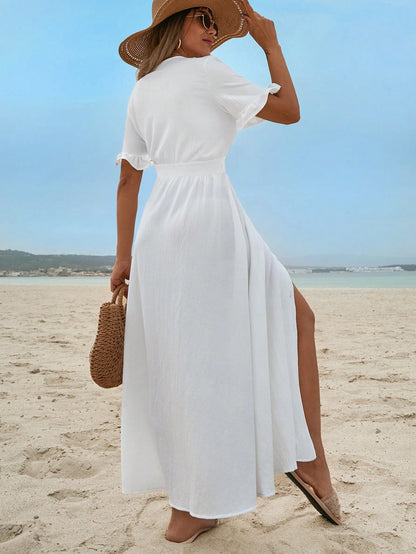 Ruffle Trim Dress For Women, Button Front
