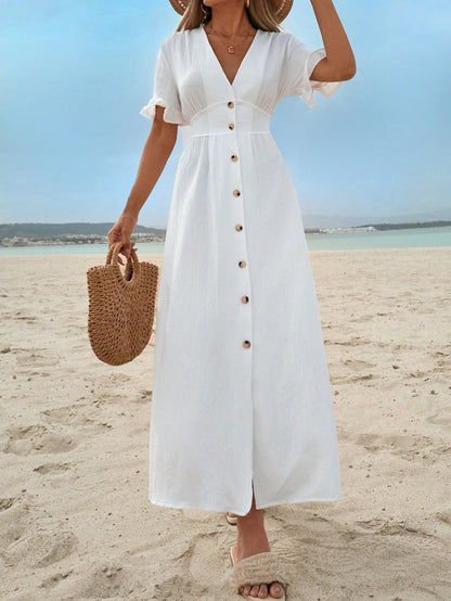 Ruffle Trim Dress For Women, Button Front