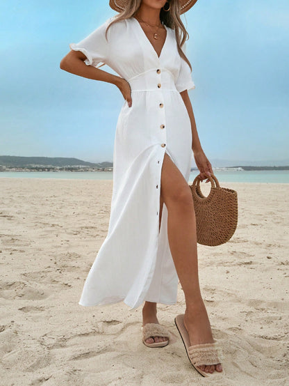Ruffle Trim Dress For Women, Button Front