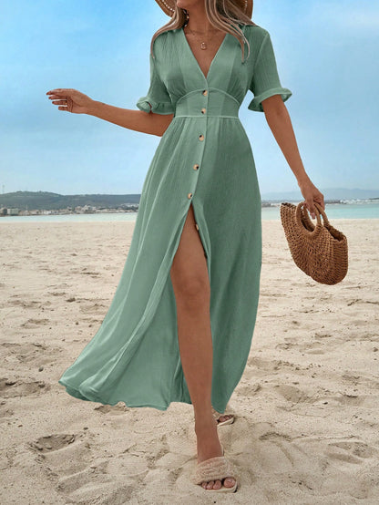 Ruffle Trim Dress For Women, Button Front