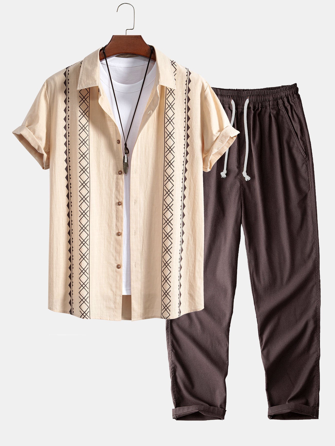 Geometric Print Linen Look Shirt & Straight Leg Linen Pants