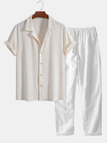 Short Sleeve Waffle Cuban Shirt & Straight Leg Linen Pants