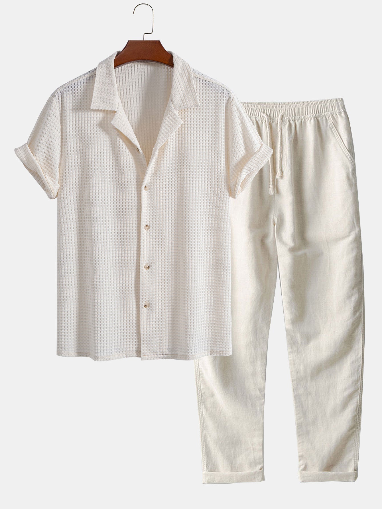 Short Sleeve Waffle Cuban Shirt & Straight Leg Linen Pants